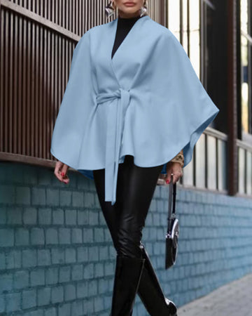 Open Front Tie Waist Cape Coat Casual Loose Brushed Coat
